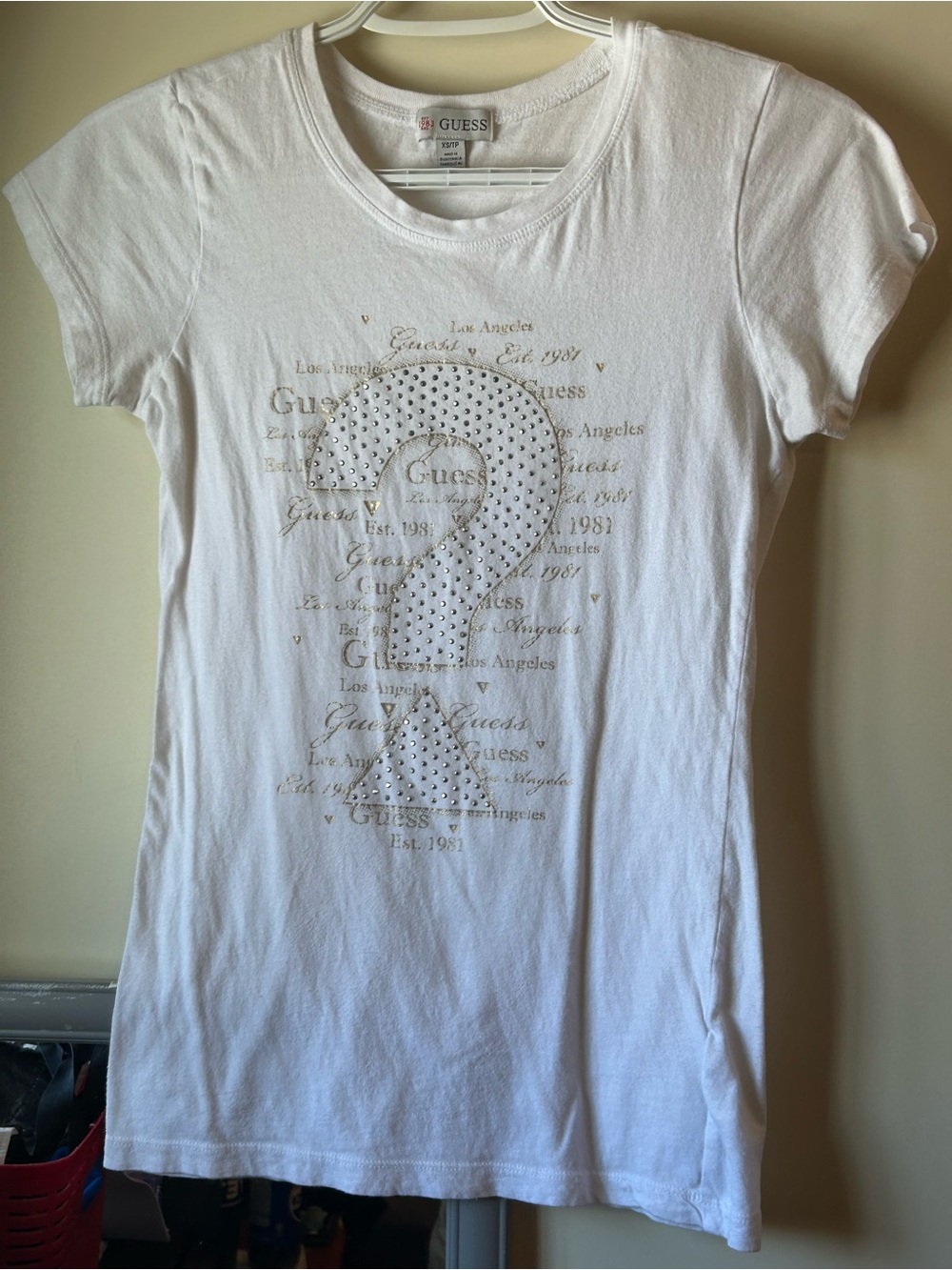 Guess White Short-Sleeve Tee with Studded Question Mark
